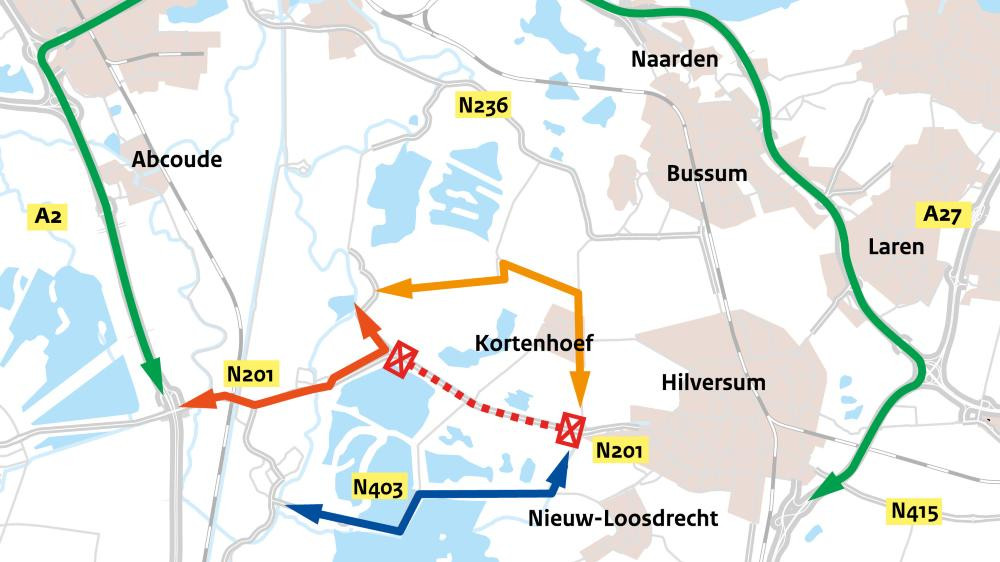 N201 tussen Hilversum en Vreeland vanaf dinsdag twee weken in de avond op slot